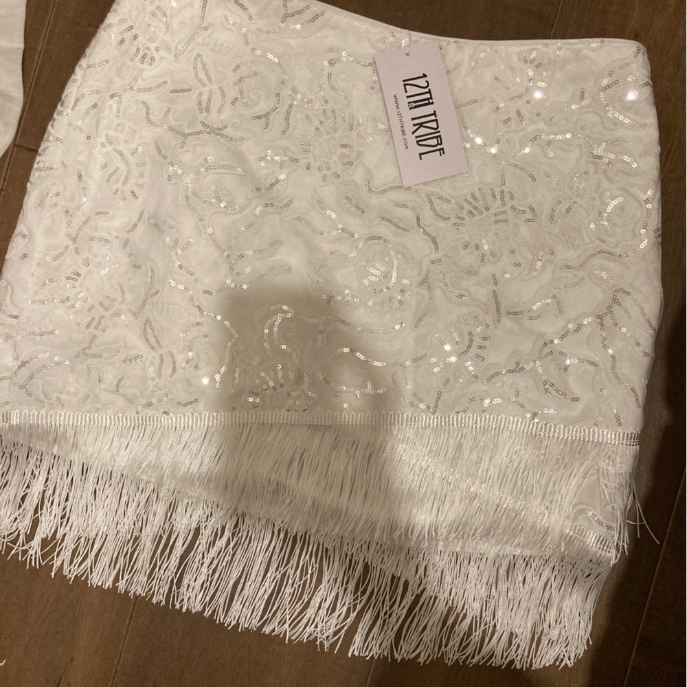 Sequin White Fringe Skirt